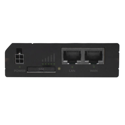 Teltonika RUT241 4G-router, sort, modempanel med strømstik, SIM-slot, signal LED og to Ethernet-porte med LED.