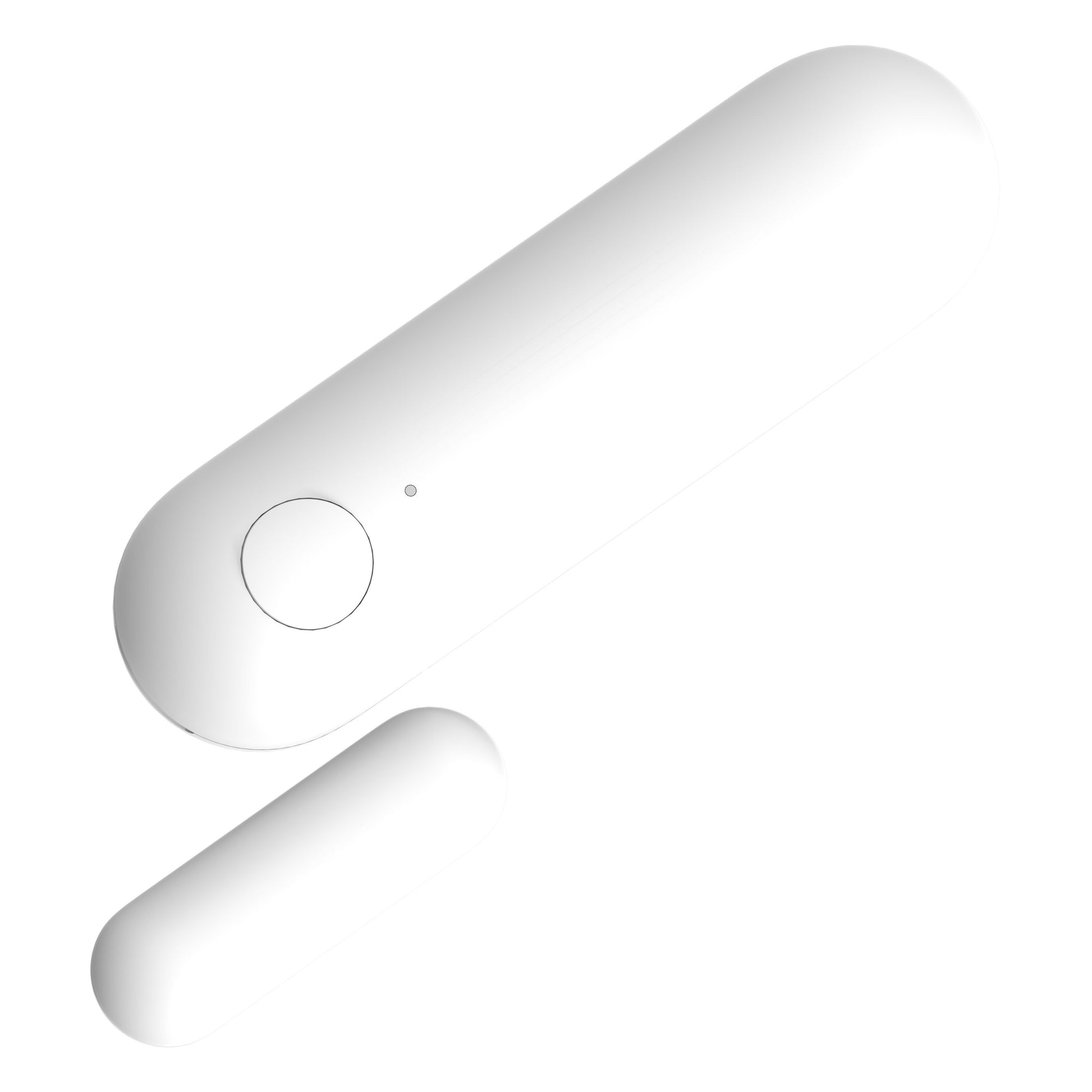 Aqara Sensor AS5 Magnetkontakt, hvid, oval, én med knap og indikatorlys, én mindre uden knap, afrundede kanter.