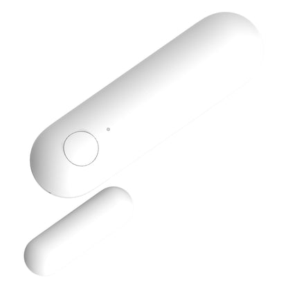 Aqara Sensor AS5 Magnetkontakt, hvid, oval, én med knap og indikatorlys, én mindre uden knap, afrundede kanter.