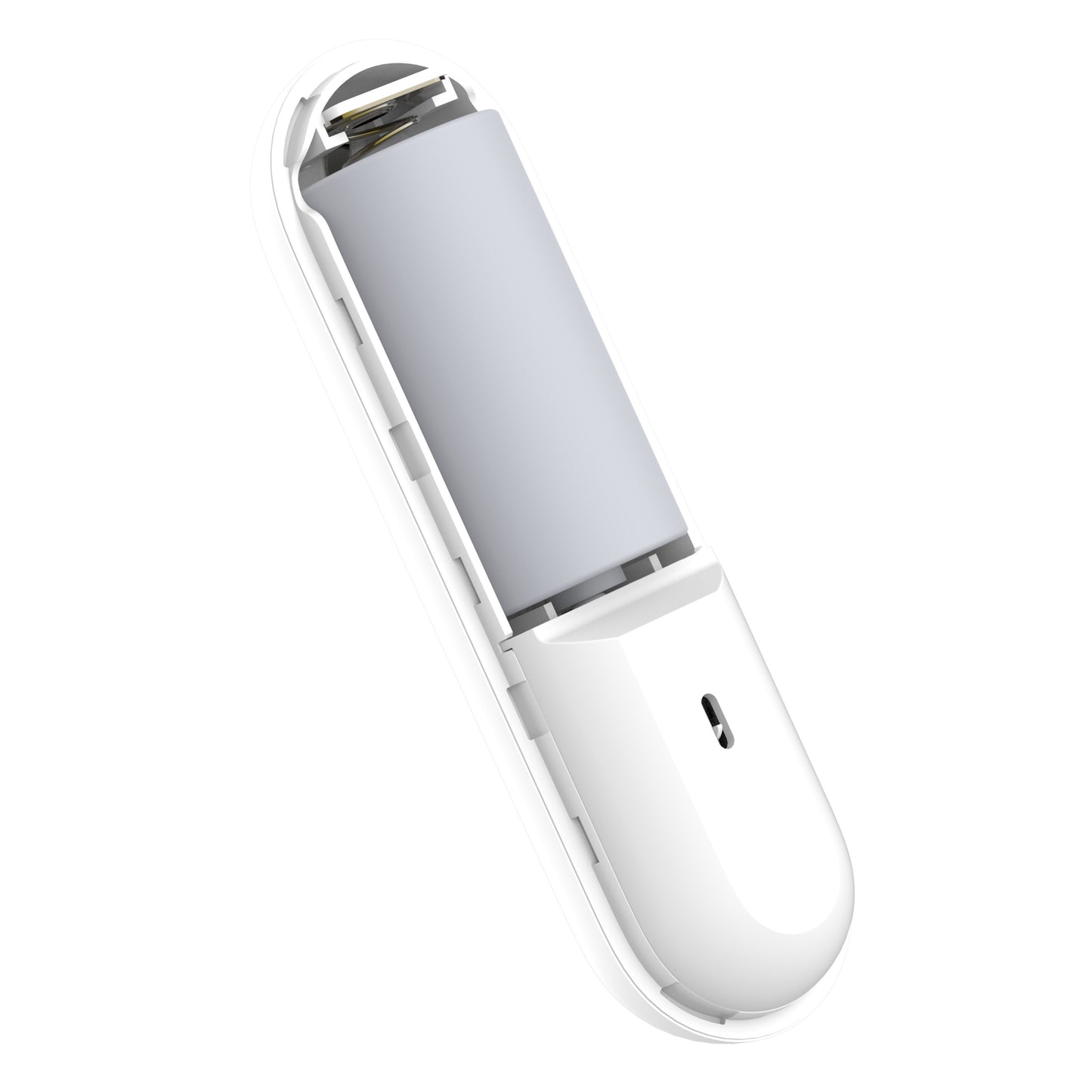 Aqara AS5 Magnetkontakt, hvid oval sensor med frontindikator og aftageligt låg, synlig cylindrisk batteri.