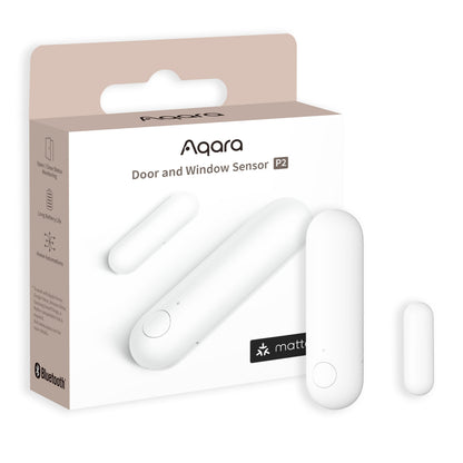 Aqara Sensor AS5 Magnetkontakt med tilhørende magnet, Bluetooth kompatibel og lang batterilevetid vist med emballage.