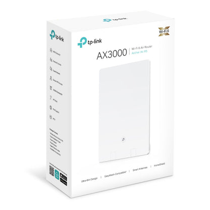 TP-Link Archer Air R5 Trådløs Router AX3000, Ultra-Slim Design, EasyMesh, HomeShield vises på detailæske.