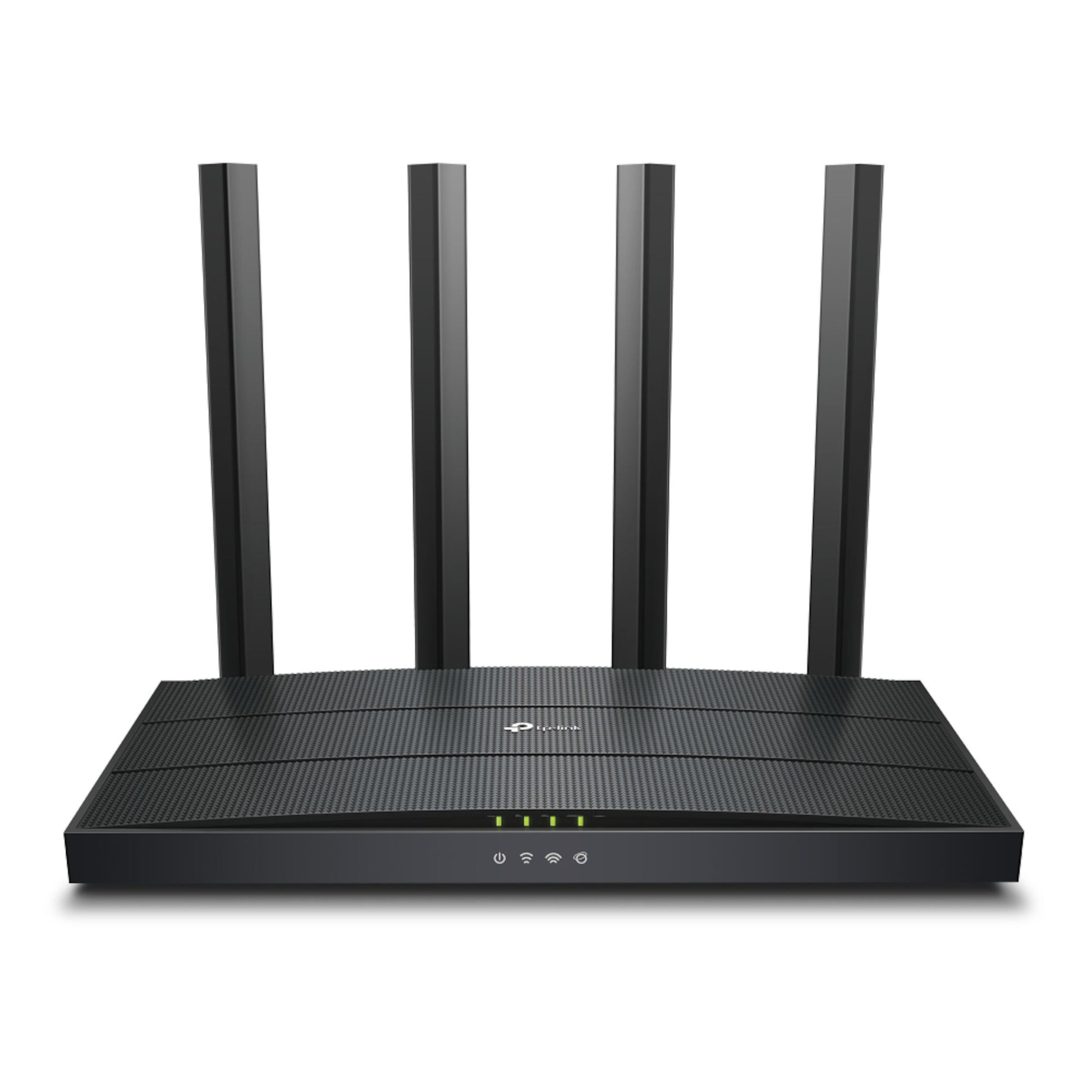 TP-Link Archer AX12 sort trådløs router med fire opretstående antenner og frontindikatorer.