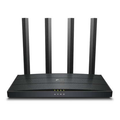 TP-Link Archer AX12 sort trådløs router med fire opretstående antenner og frontindikatorer.