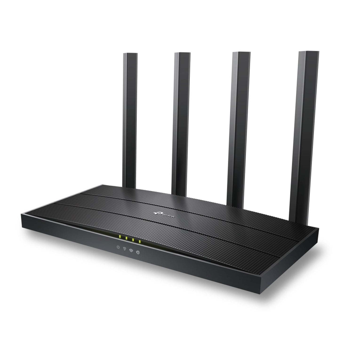 TP-Link Archer AX12 sort trådløs router med fire høje antenner og indikatorlys på frontpanelet.