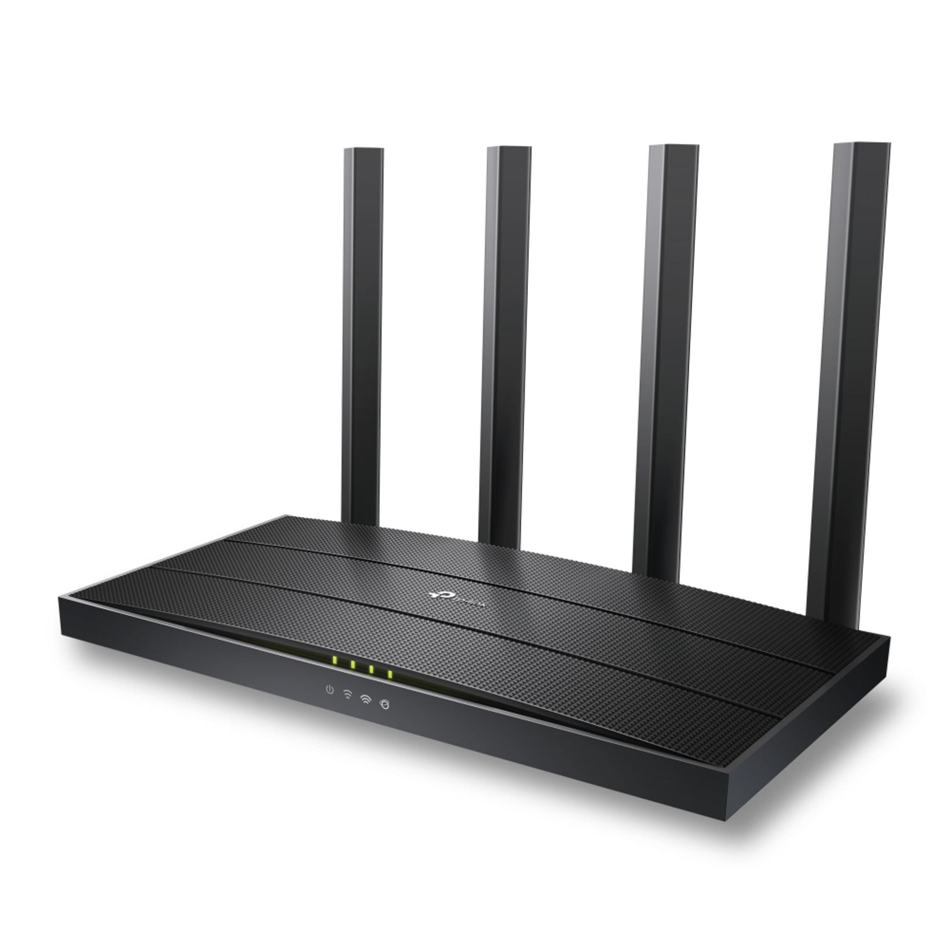 TP-Link Archer AX12 sort trådløs router med fire høje antenner og indikatorlys på frontpanelet.
