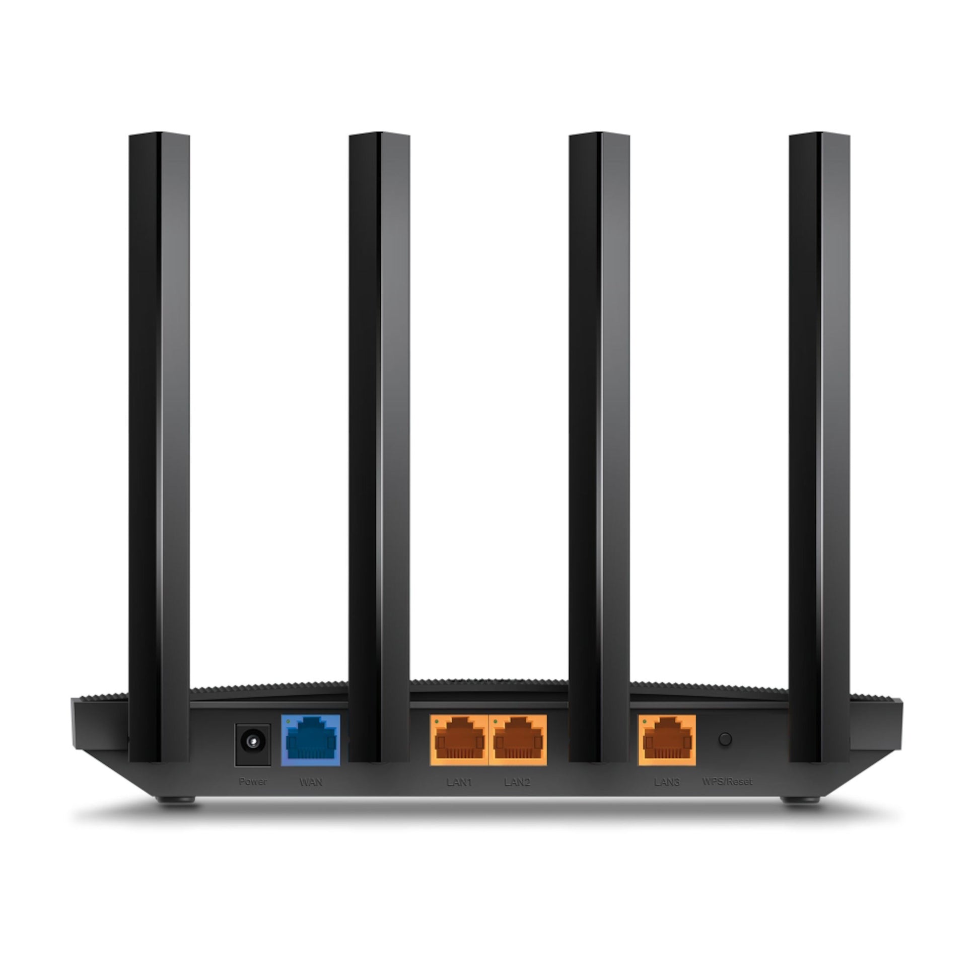 TP-Link Archer AX12 sort trådløs router med fire lodrette antenner, strømindgang, blå WAN-port, tre orange LAN-porte, reset-knap.