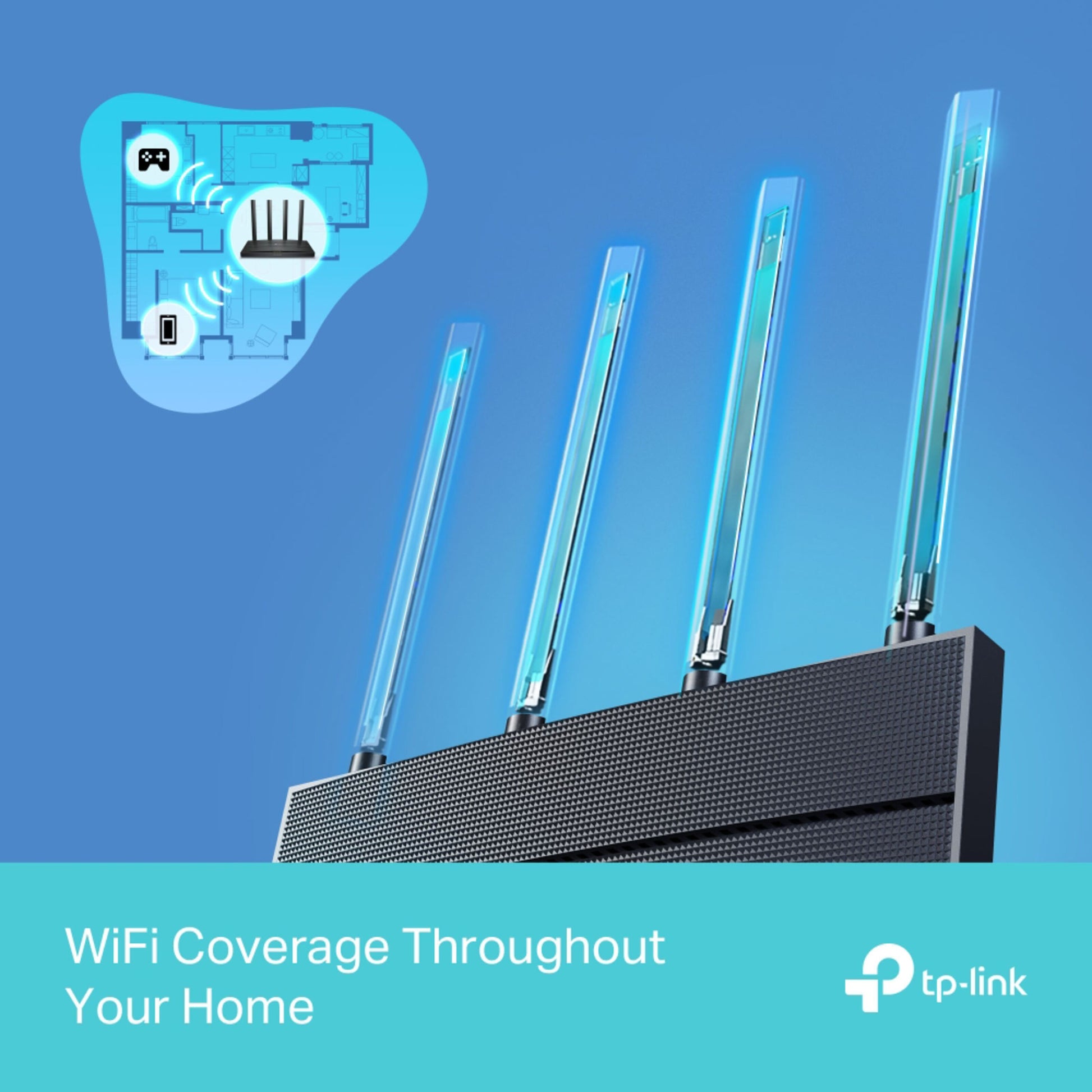 TP-Link Archer AX12 trådløs router med fire blå antenner, WiFi dækning vist på plantegning, TP-Link logo.