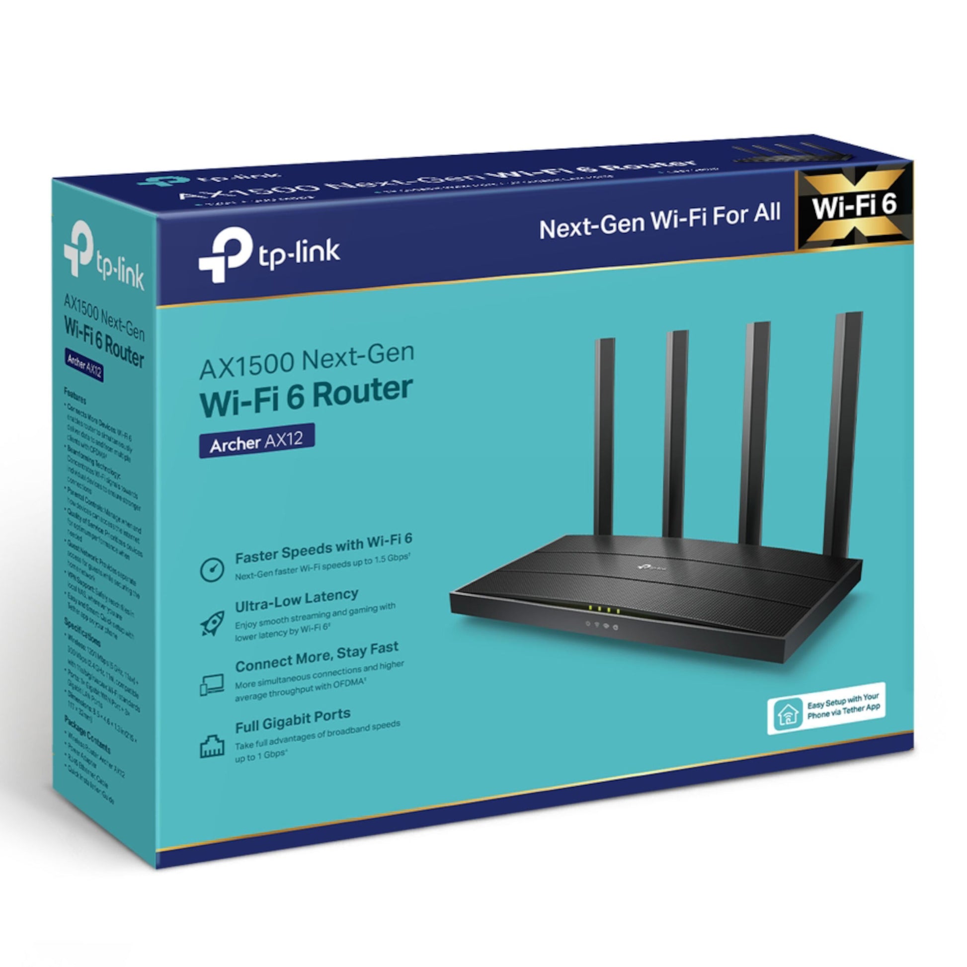 TP-Link Archer AX12 trådløs router sort med fire antenner, gigabit porte, høj hastighed og lav latenstid på blå-grøn æske.