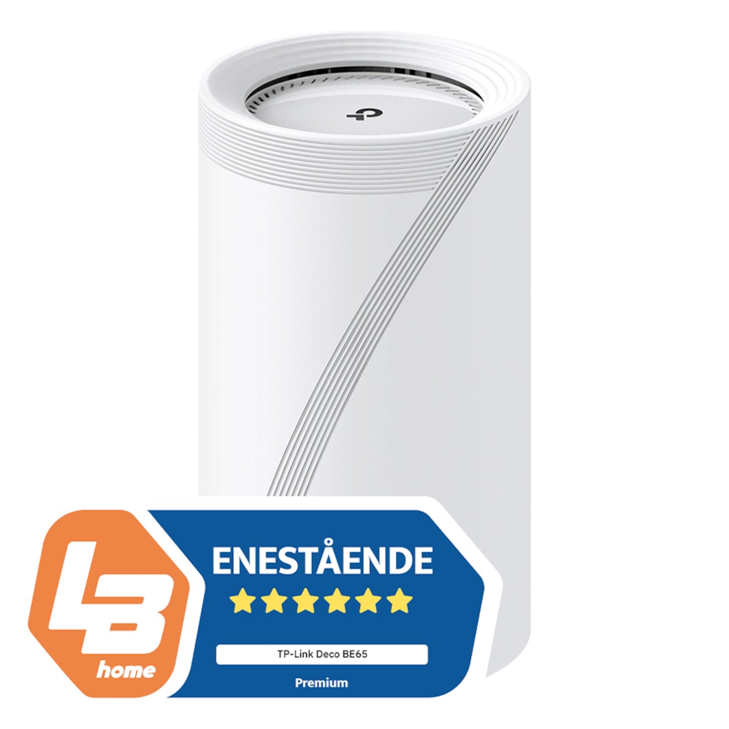 TP-Link Deco BE65 Mesh-router Wifi 7 BE9300 hvid med striber 1-pack LB home badge synlig, hastighed op til 11 Gb/s.