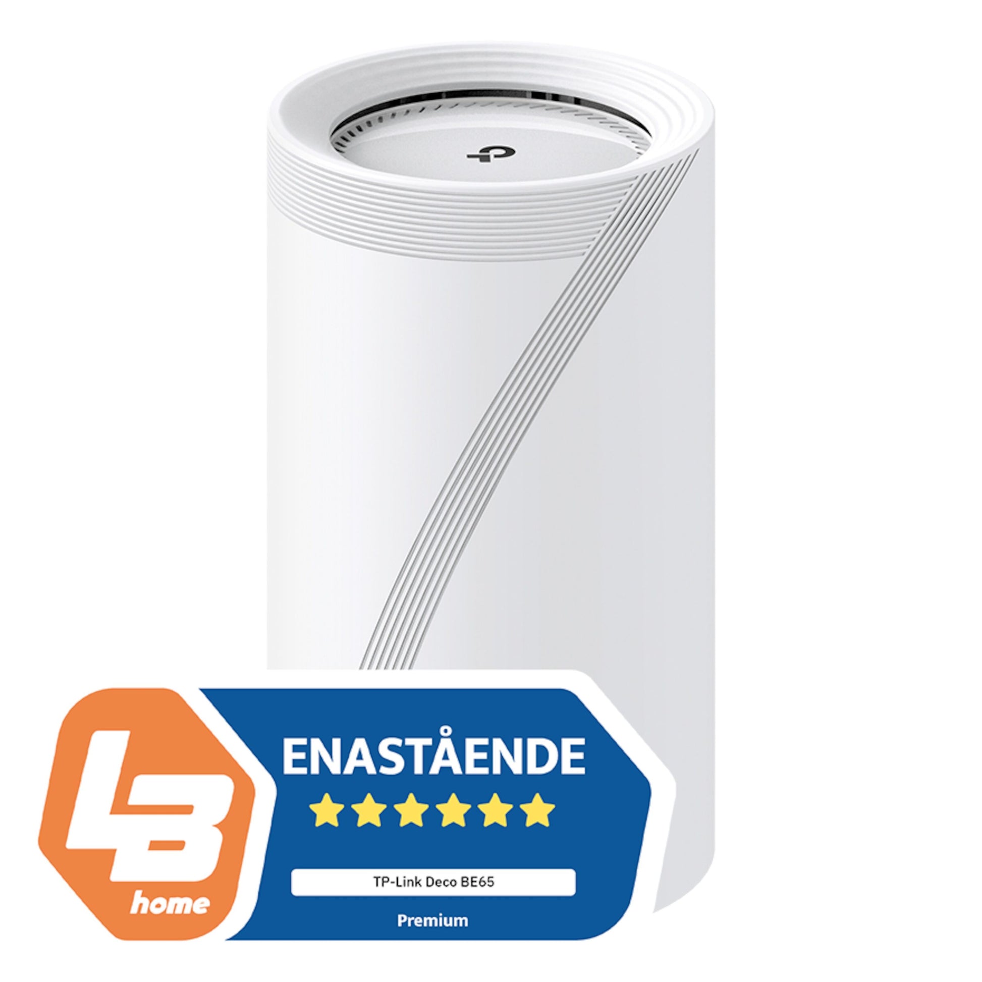 TP-Link Deco BE65 Mesh-router Wifi 7 BE9300 1-pack, cylinderformet, blå/orange badge med LB home og trådløs hastighed 11 Gb/s.