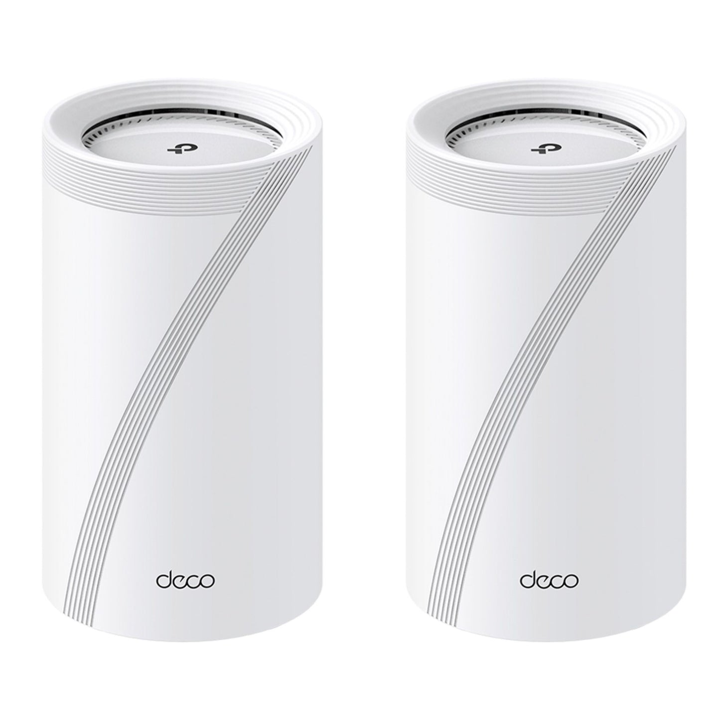 TP-Link Deco BE65 Mesh-router 2-pak, hvid, ribbede toppe, diagonale striber, tri-band Wifi 7 BE9300.