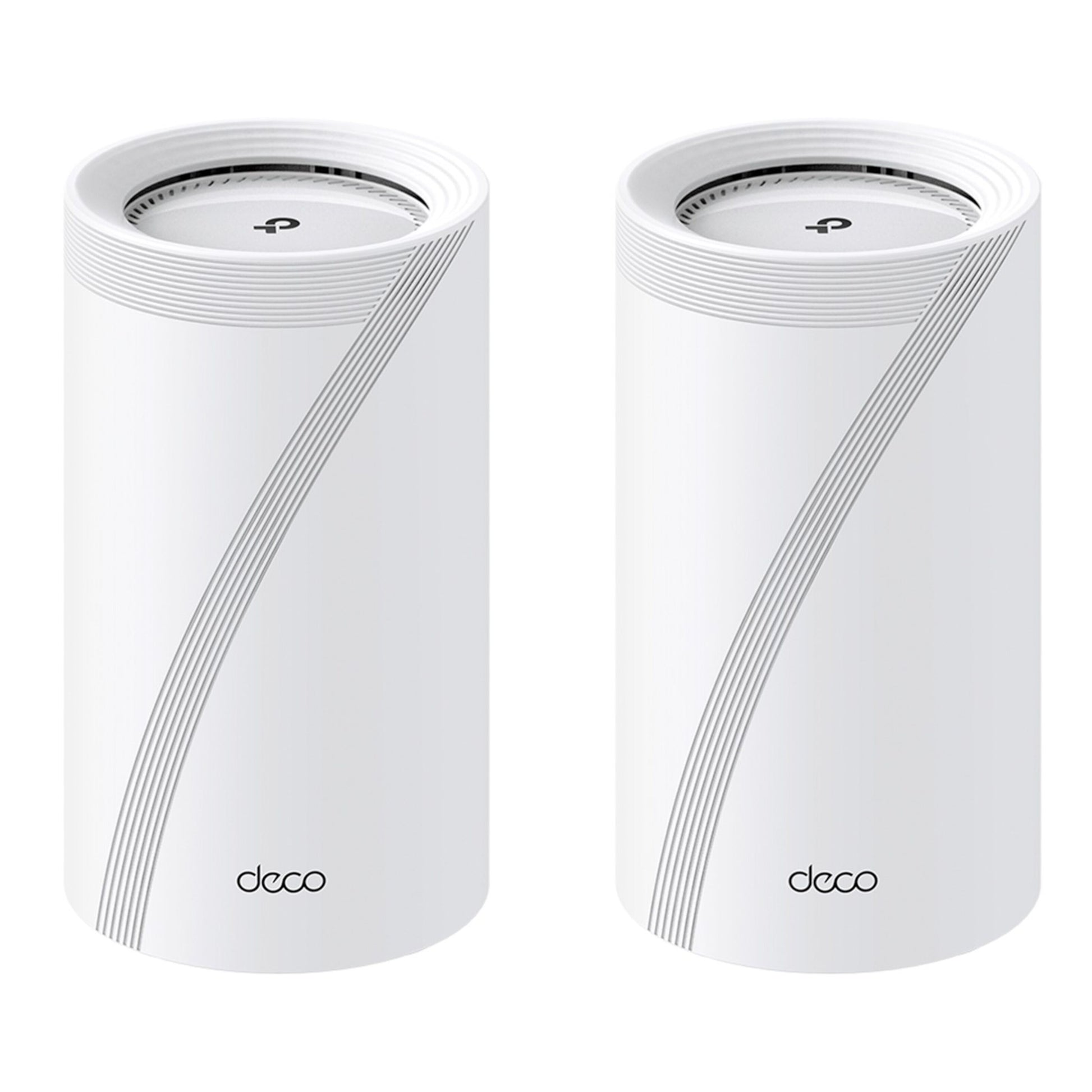 TP-Link Deco BE65 Mesh-router 2-pak, hvid, ribbede toppe, diagonale striber, tri-band Wifi 7 BE9300.