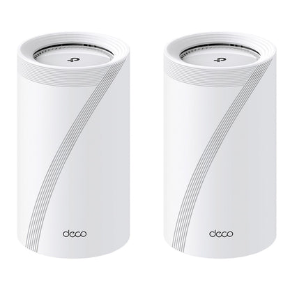 TP-Link Deco BE65 Mesh-router 2-pak, hvid, ribbede toppe, diagonale striber, tri-band Wifi 7 BE9300.