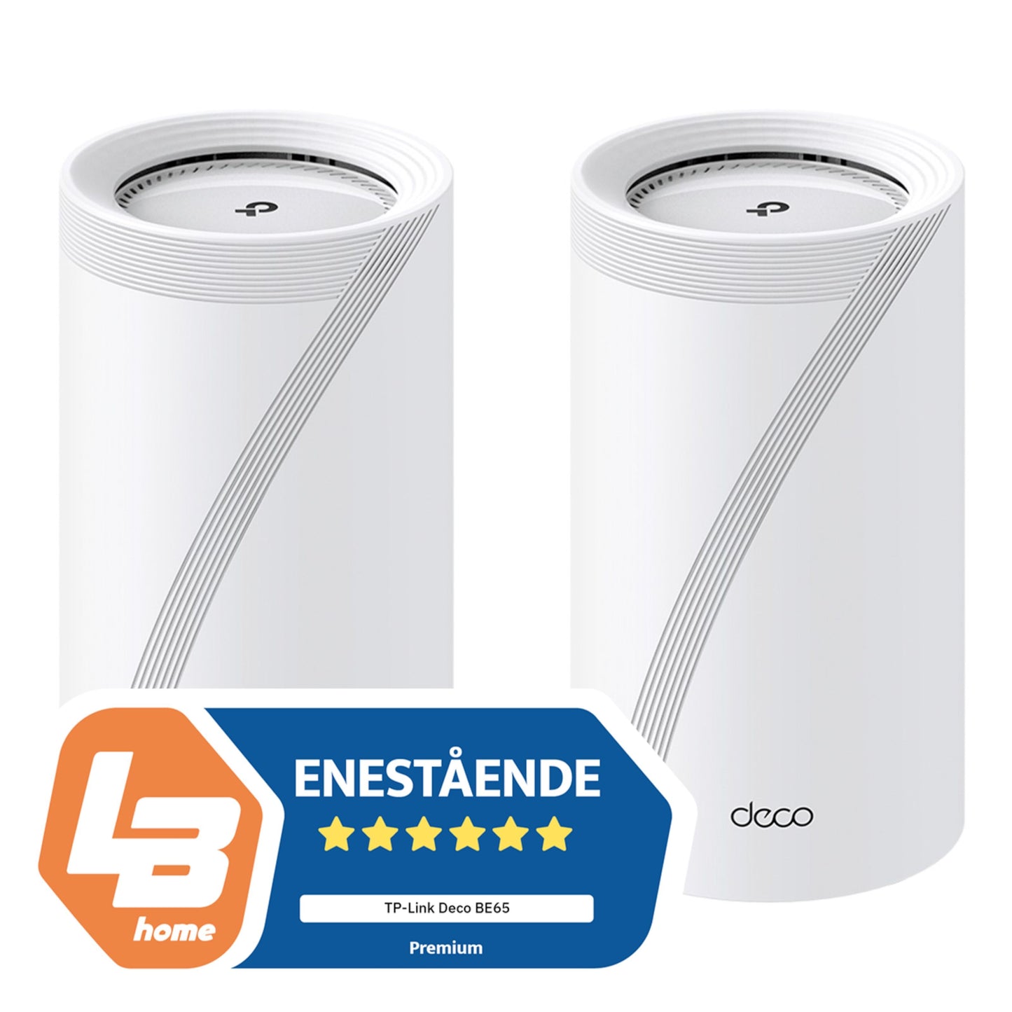 TP-Link Deco BE65 Mesh-router Wifi 7 BE9300 2-pack hvid med blå og orange badge, fem stjerner, "ENESTÅENDE.