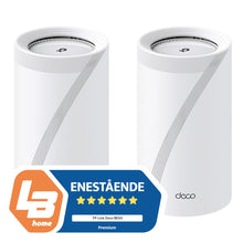 TP-Link Deco BE65 Mesh-router Wifi 7 BE9300 2-pack hvid med blå og orange badge, fem stjerner, "ENESTÅENDE.
