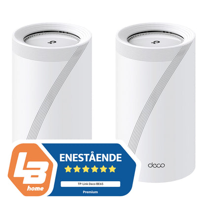 TP-Link Deco BE65 Mesh-router Wifi 7 BE9300 2-pack hvid med blå og orange badge, fem stjerner, "ENESTÅENDE.
