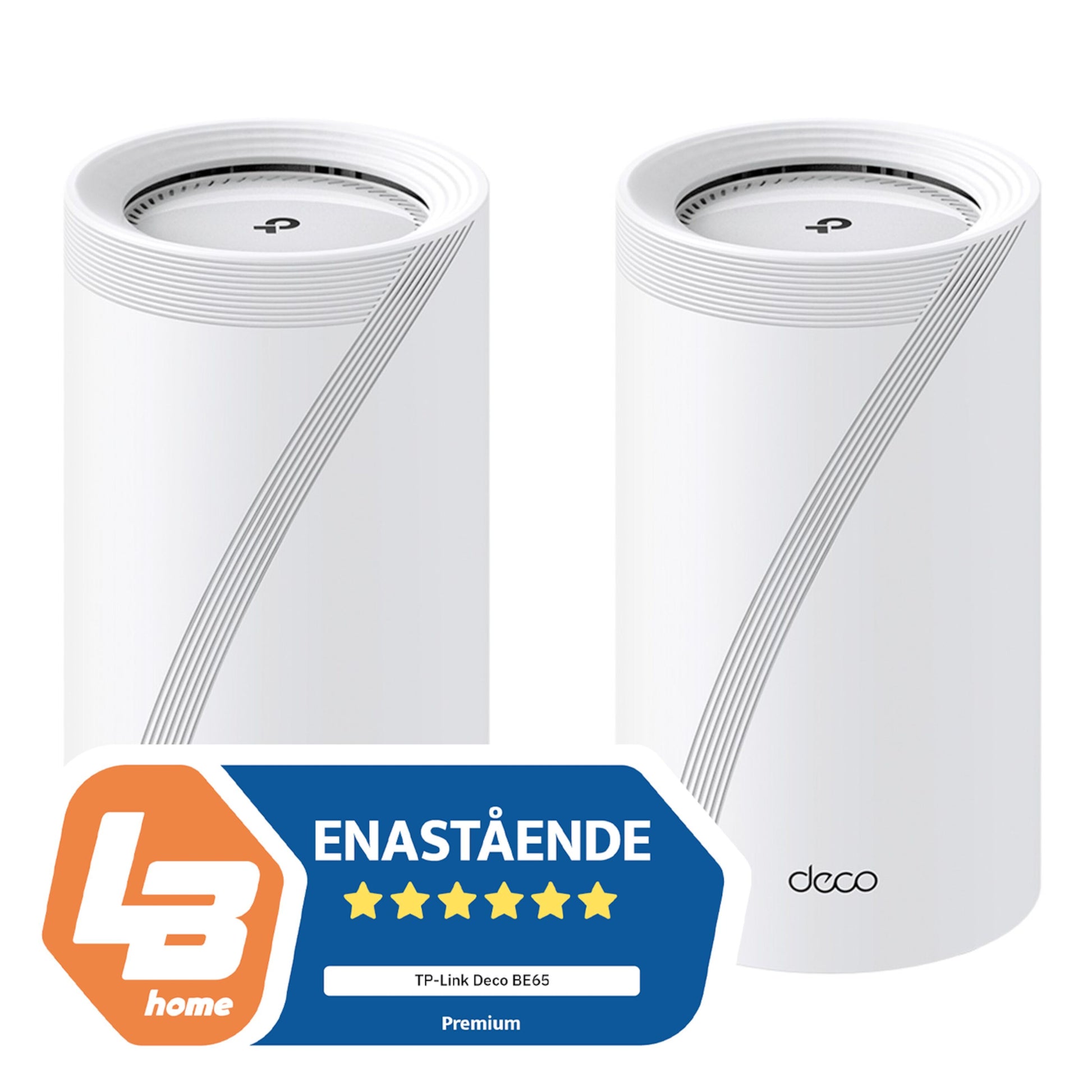 Tp-Link Deco BE65 Mesh-router WiFi 7 BE9300 2-pack, hvide cylindre, produktnavn over LB Home logo.