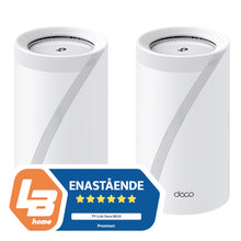 Tp-Link Deco BE65 Mesh-router WiFi 7 BE9300 2-pack, hvide cylindre, produktnavn over LB Home logo.