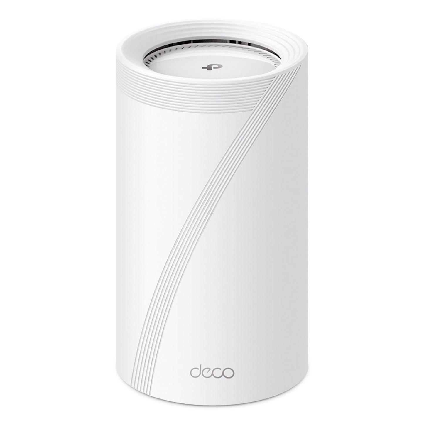 TP-Link Deco BE85 Mesh-router Wifi 7 BE19000 1-pack hvid cylinder med diagonale riller og Deco-logo.