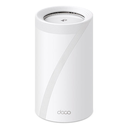 TP-Link Deco BE85 Mesh-router Wifi 7 BE19000 1-pack hvid cylinder med diagonale riller og Deco-logo.