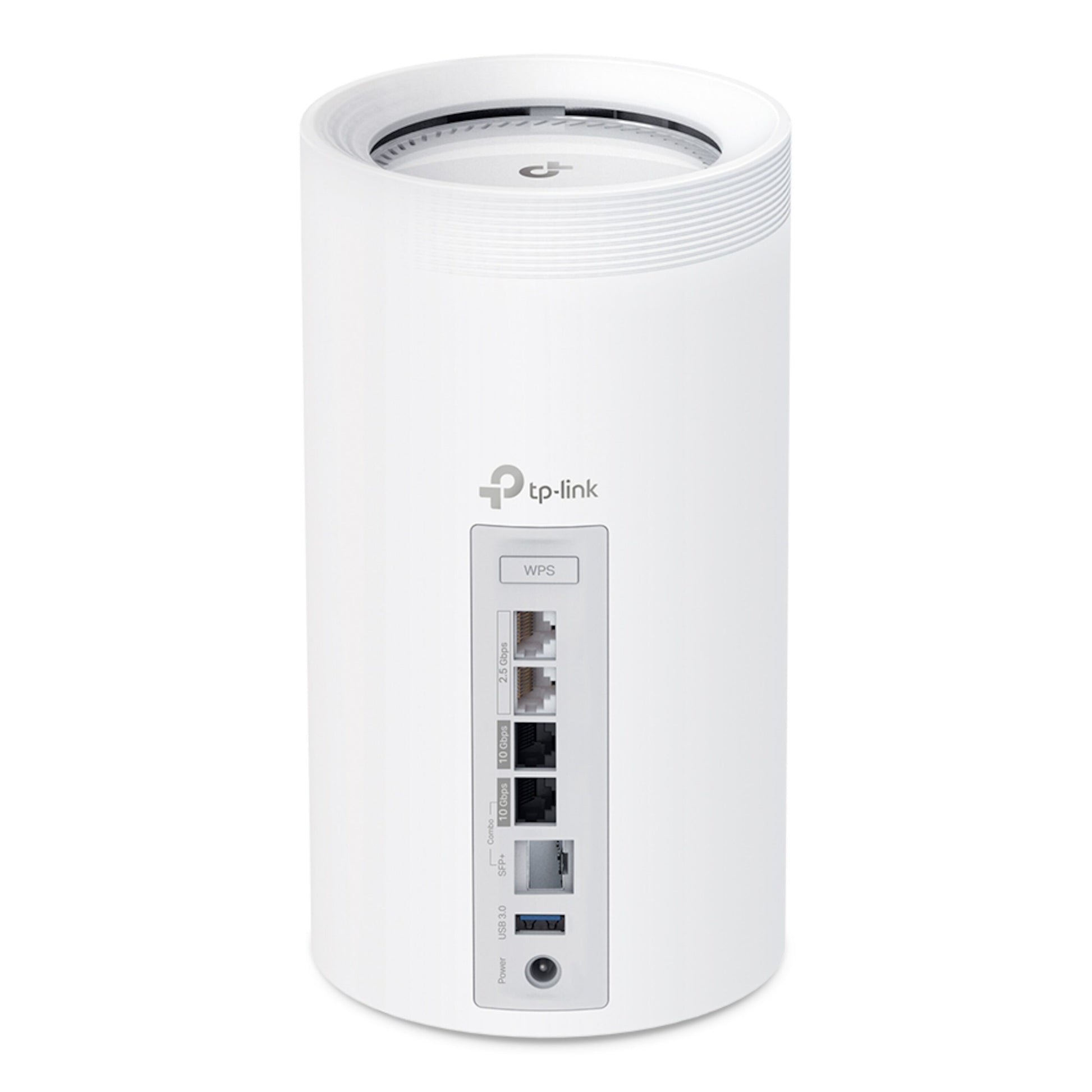 TP-Link Deco BE85 Mesh-router Wifi 7 BE19000, hvid, 1-pak, cylindrisk med WPS-knap, Ethernet-porte og USB bagpå.