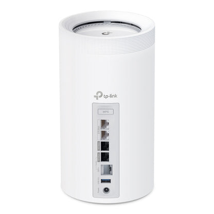 TP-Link Deco BE85 Mesh-router Wifi 7 BE19000, hvid, 1-pak, cylindrisk med WPS-knap, Ethernet-porte og USB bagpå.