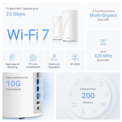TP-Link Deco BE85 Mesh-router Wifi 7, op til 22 Gbps, multi-gigabit, 320 MHz, 10G porte, tri-band, understøtter 200+ enheder.