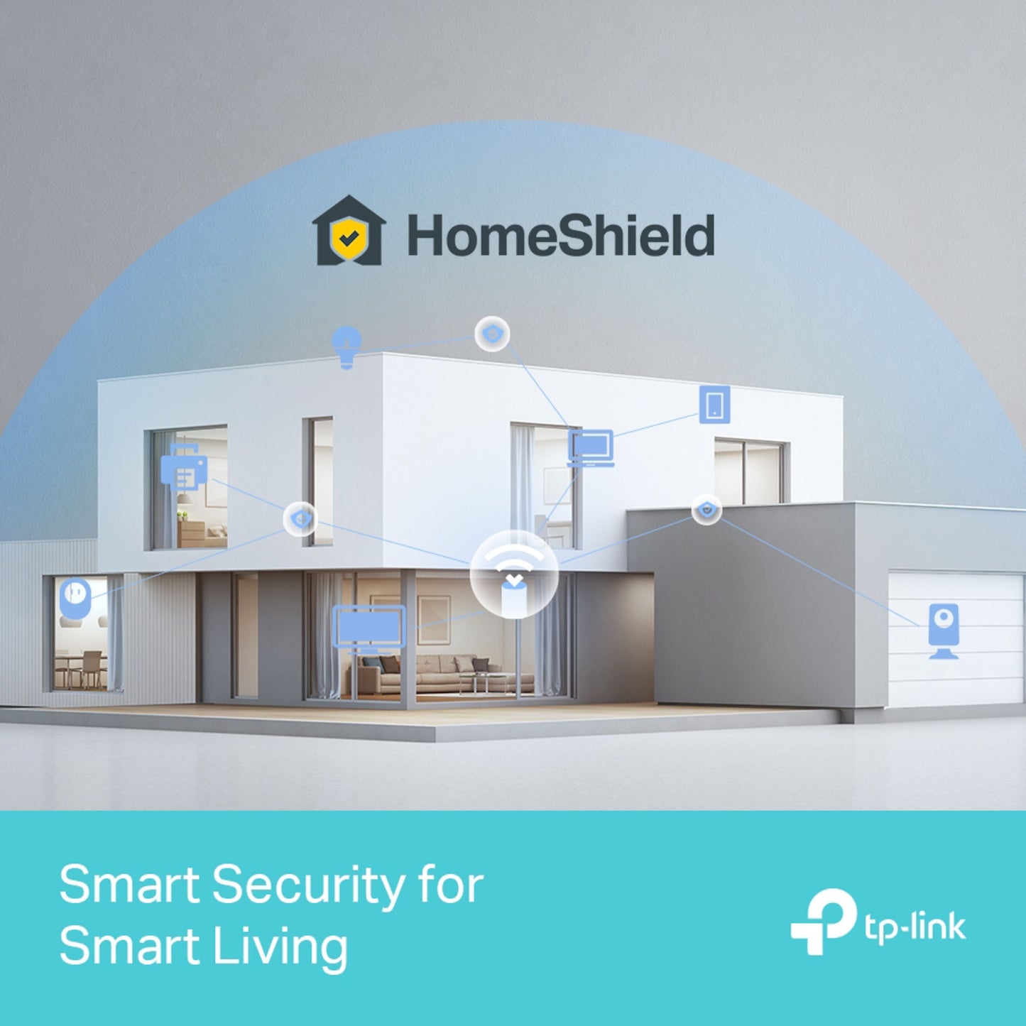 TP-Link Deco BE85 Mesh-router Wifi 7 BE19000, HomeShield sikkerhed, smart home ikoner, TP-Link logo, tekst på billedet.