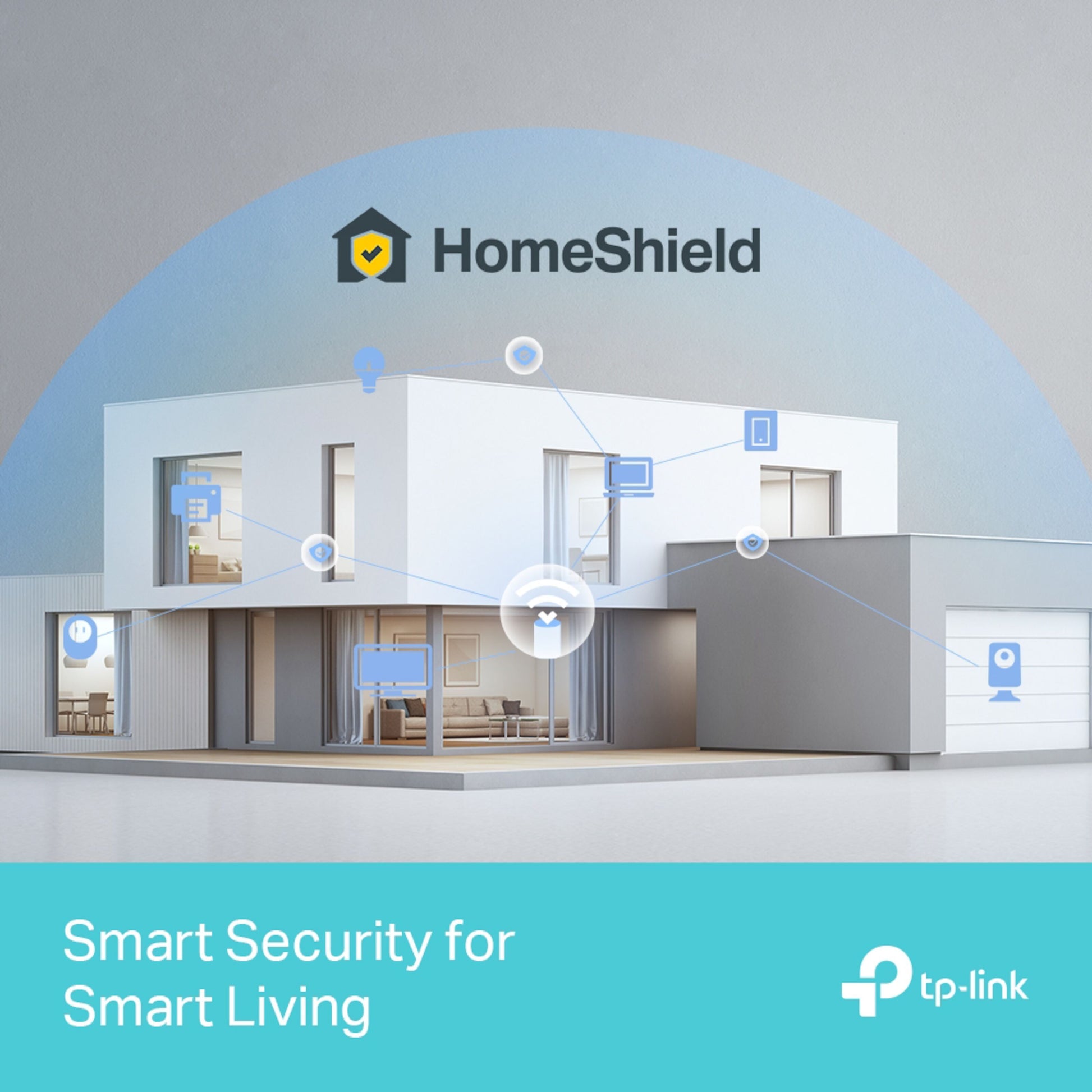TP-Link Deco BE85 Mesh-router Wifi 7 BE19000, HomeShield sikkerhed, smart home ikoner, TP-Link logo, tekst på billedet.