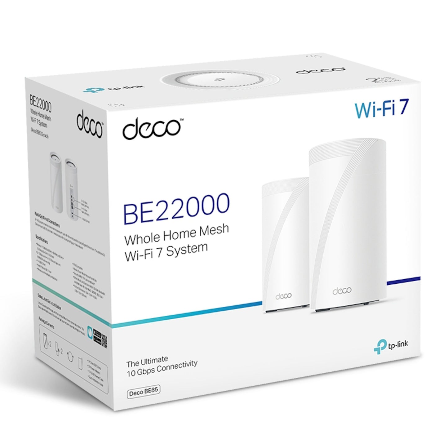 TP-Link Deco BE85 Mesh-router Wifi 7 BE19000 1-pack hvid, tri-band teknologi, højhastighed til hjemmenetværk, produktæske.
