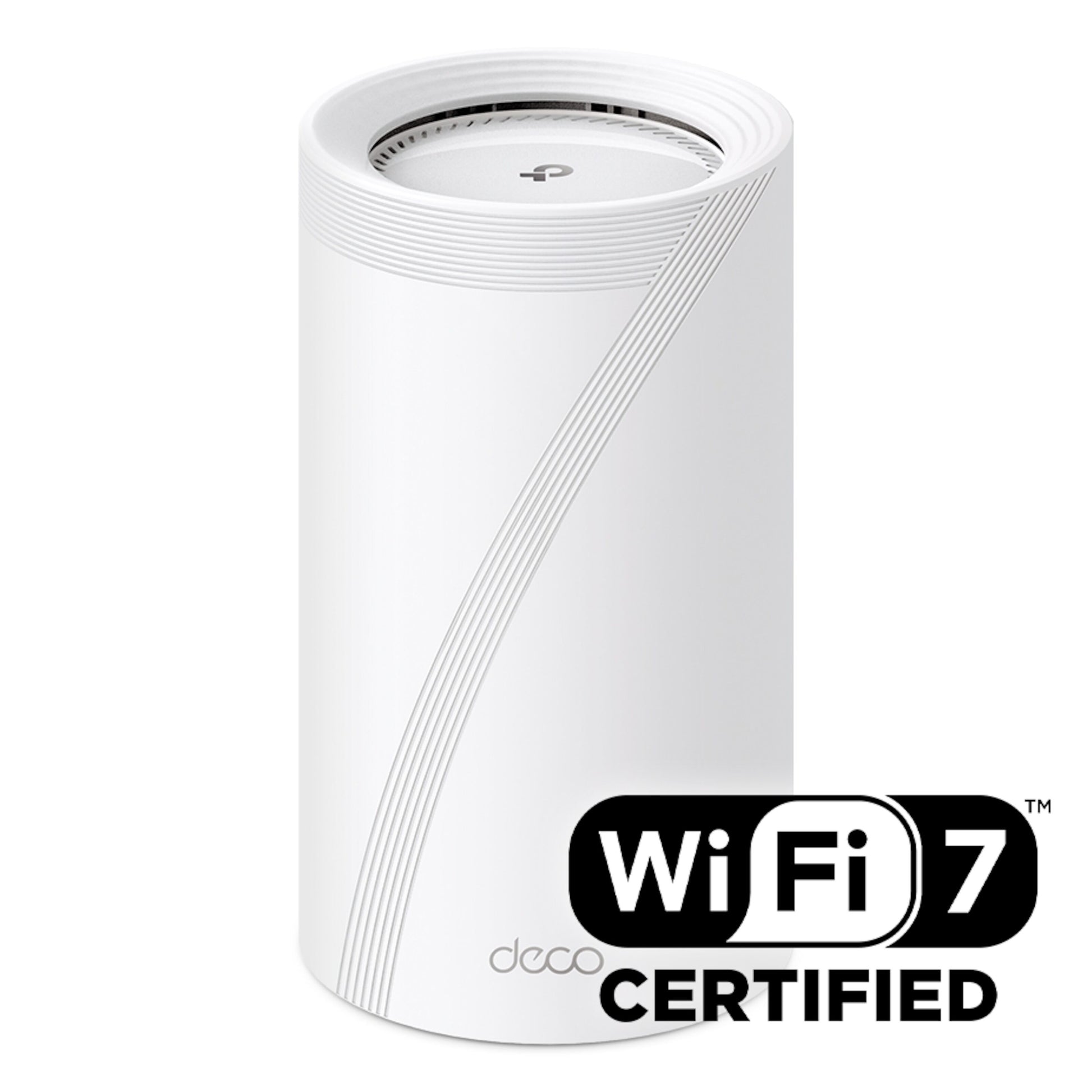 TP-Link Deco BE85 Mesh-router Wifi 7 BE19000 1-pak hvid cylinder med "deco" nederst og "WiFi 7 CERTIFIED" mærke.