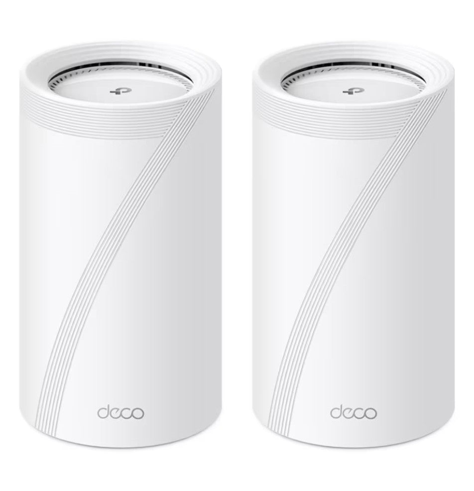 TP-Link Deco BE85 Wifi 7 mesh system BE19000, 2 hvide cylindrede routere med deco-logo, AI-mesh, op til 22 Gb/s.