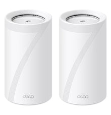 TP-Link Deco BE85 Wifi 7 mesh system BE19000, 2 hvide cylindrede routere med deco-logo, AI-mesh, op til 22 Gb/s.