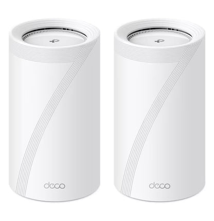 TP-Link Deco BE85 Wifi 7 mesh system BE19000, 2 hvide cylindrede routere med deco-logo, AI-mesh, op til 22 Gb/s.