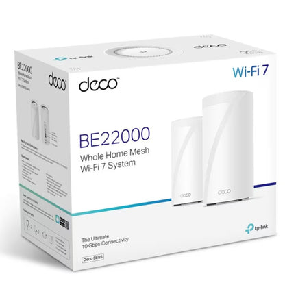 Tp-Link Deco BE85 Mesh System Wifi 7 BE19000 2 stk AI-baseret mesh-teknologi "The Ultimate 10 Gbps Connectivity" logo.