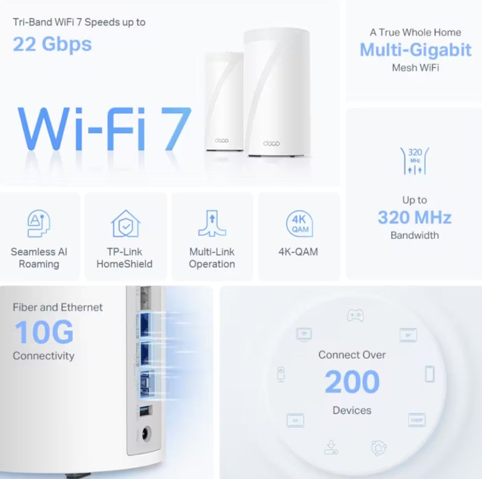 TP-Link Deco BE85 Mesh WiFi 7 BE19000 (2 stk.), AI-mesh, op til 19 Gb/s, 320 MHz, 10G-porte, HomeShield, support 200+ enheder.