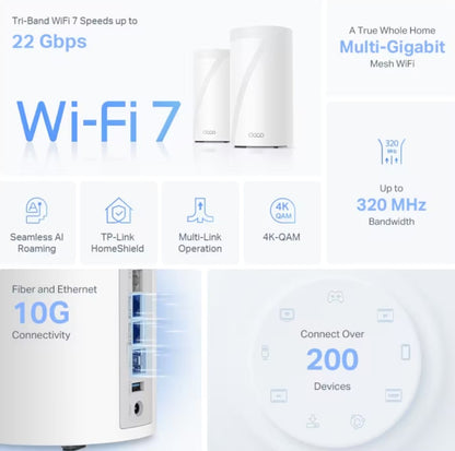 TP-Link Deco BE85 Mesh WiFi 7 BE19000 (2 stk.), AI-mesh, op til 19 Gb/s, 320 MHz, 10G-porte, HomeShield, support 200+ enheder.