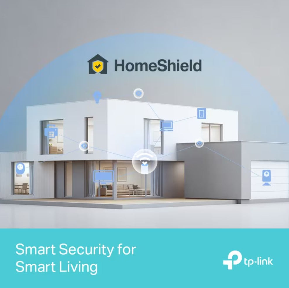 TP-Link Deco BE85 Mesh System Wifi 7 BE19000 2 stk AI-baseret mesh-teknologi HomeShield-logo og Smart Security-tekst.