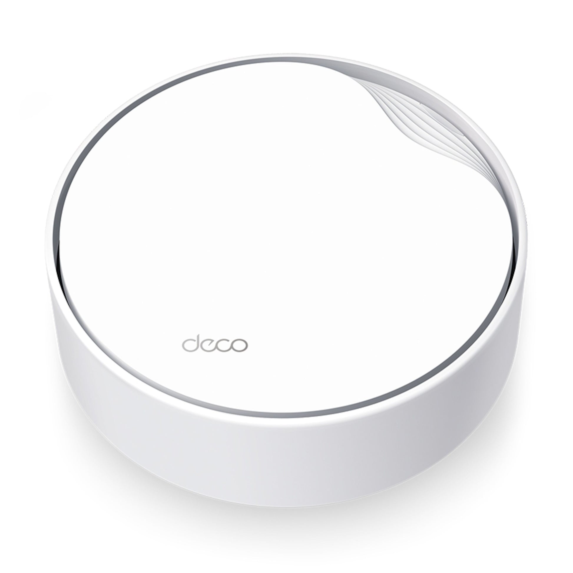 TP-Link Deco X50-PoE AX3000 mesh 1-pk, hvid, rund med "deco" på toppen, diskrete kantriller, WiFi 6.