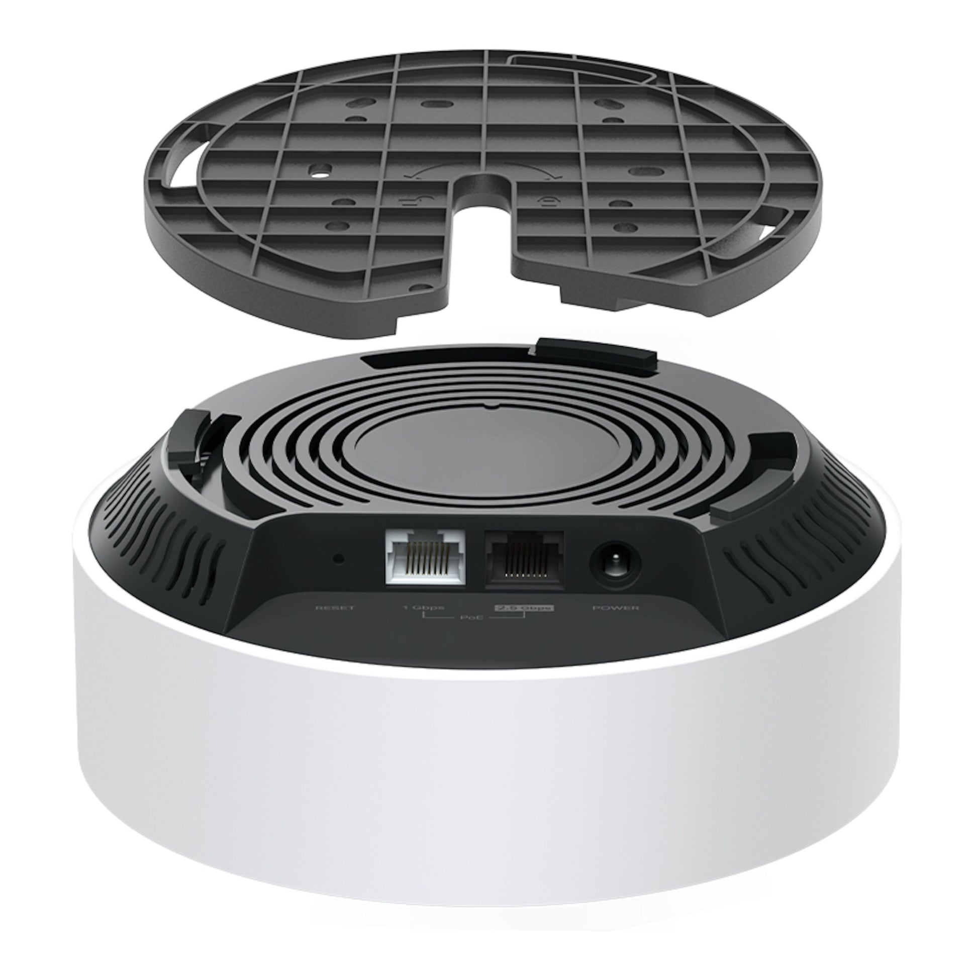 Tp-Link Deco X50-PoE AX3000 1-pak bundt med Ethernet-porte, strømstik, reset-knap og PoE til WiFi 6 mesh, beslag afmonteret.