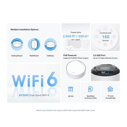 TP-Link Deco X50-PoE AX3000 WiFi 6 mesh 1-pak, dual-band, PoE, 2,5 GbE-port, HE160, op til 2.500 sq ft dækning.