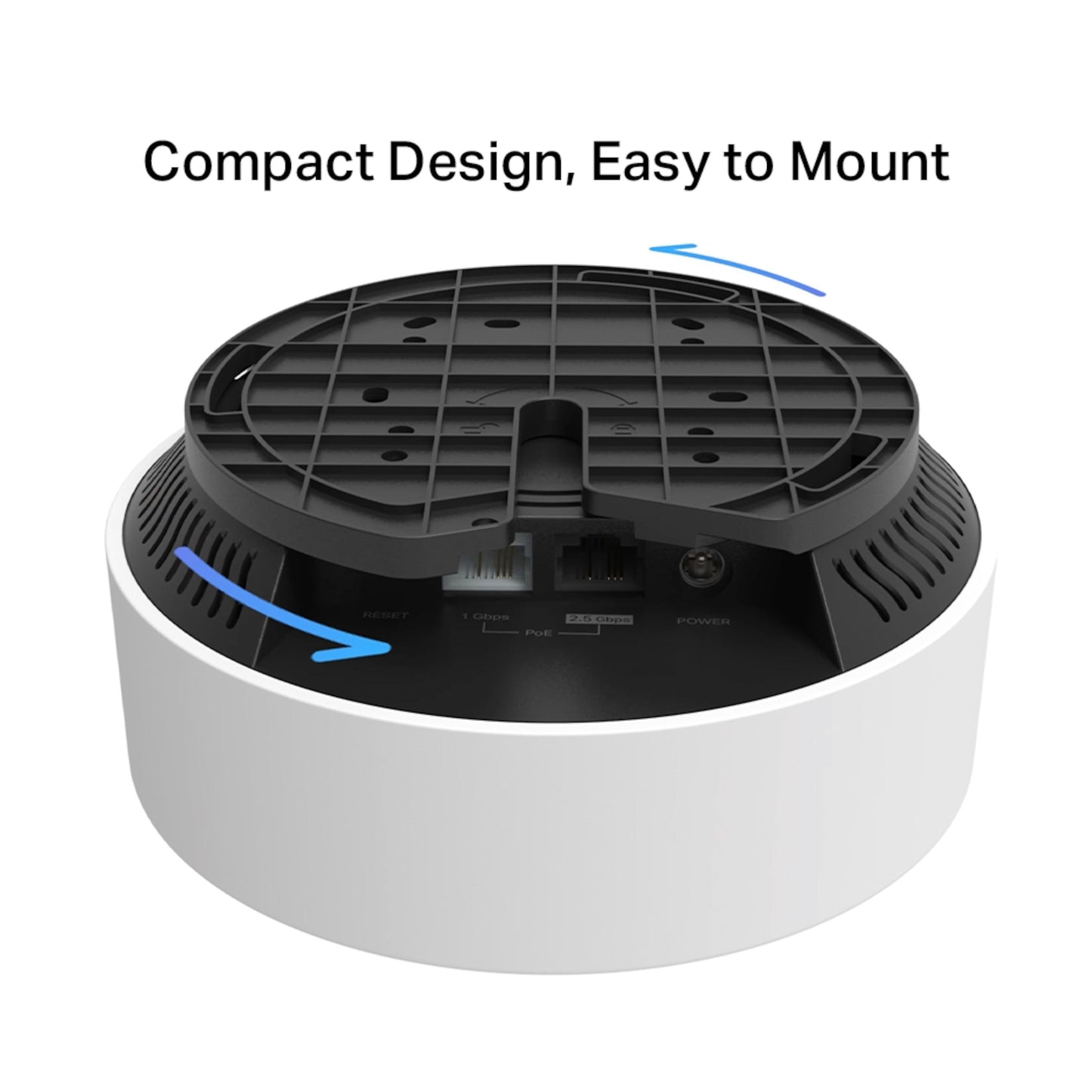 TP-Link Deco X50-PoE AX3000 1-pakke, synlig bund med PoE-porte og slots, pile viser monteringsretning.