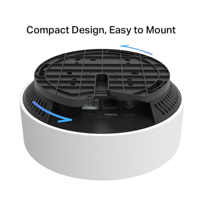 TP-Link Deco X50-PoE AX3000 1-pakke, synlig bund med PoE-porte og slots, pile viser monteringsretning.