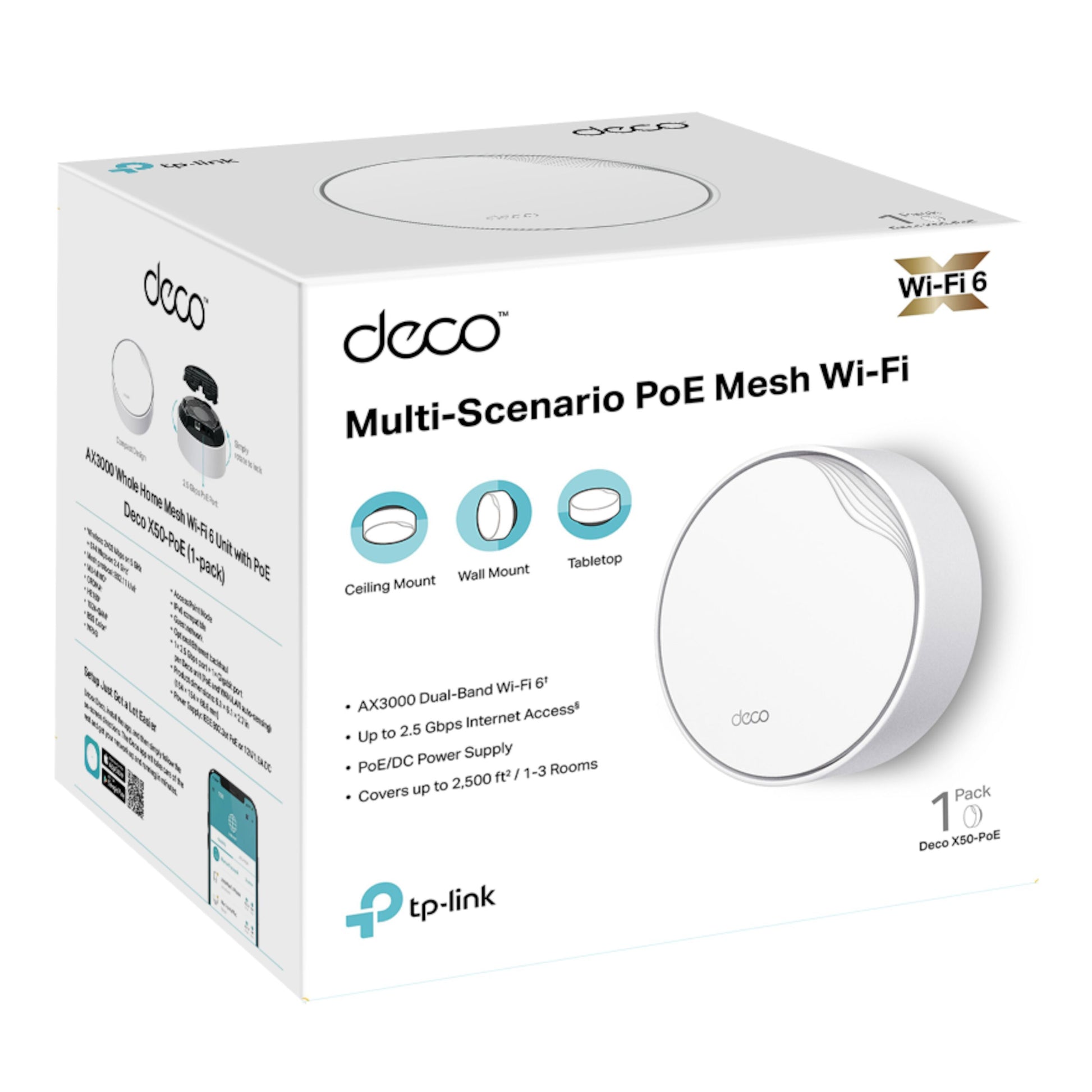 TP-Link Deco X50-PoE AX3000 1-pakke æske med PoE, dual-band AX3000, mulighed for loft-, væg- eller bordplacering.
