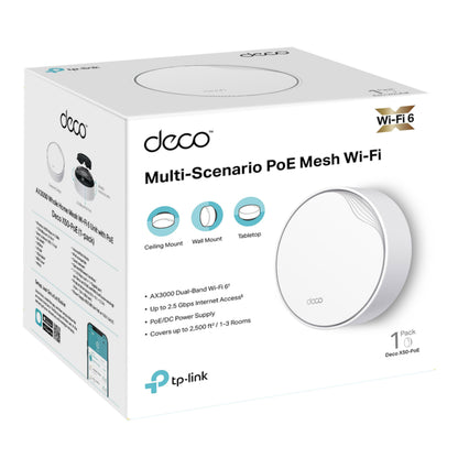 TP-Link Deco X50-PoE AX3000 1-pakke æske med PoE, dual-band AX3000, mulighed for loft-, væg- eller bordplacering.