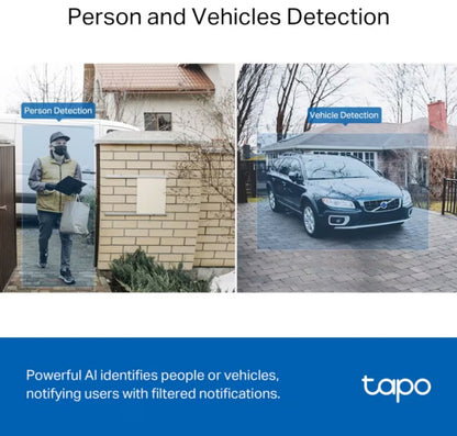 Tapo D230S1 smart dørklokke 2K video batteri person- og køretøjsdetektering vist ved port og indkørsel.