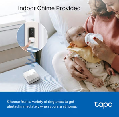 TP-Link Tapo D230S1 smart dørklokke med indendørs chime og synligt Tp-Link logo, ringetonevalg vist på skærm.