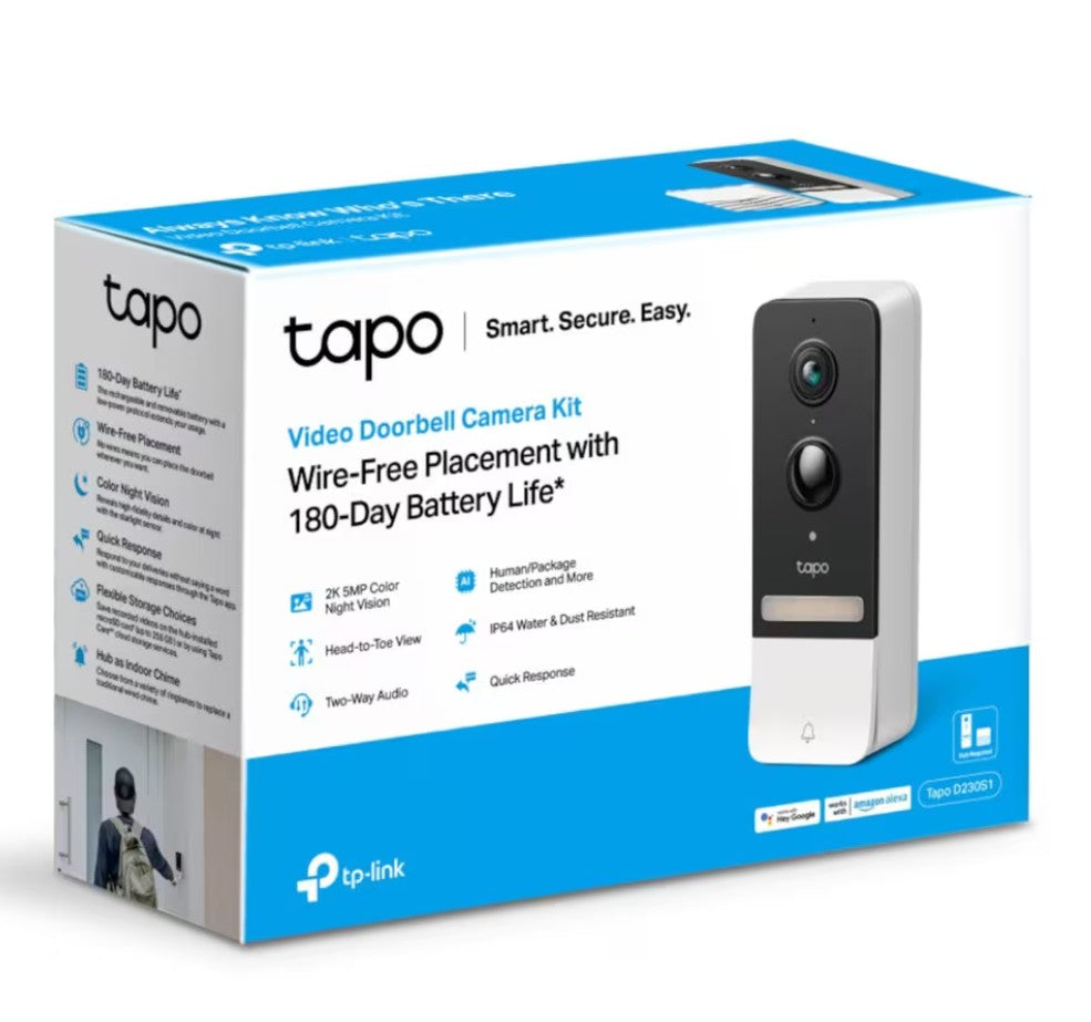 TP-Link Tapo D230S1 smart dørklokke boks med 2K video, batteri, 180 dages levetid, tovejskommunikation og nattsyn.