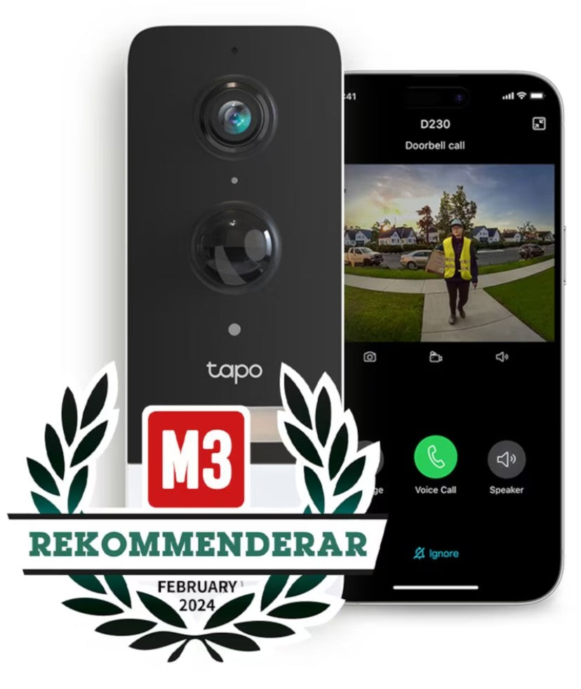TP-Link Tapo D230S1 smart dørklokke 2K video med smartphone opkaldsvisning fra besøgende, M3 badge synligt.